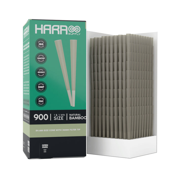 Hara Supply - Bamboo -  Pre-Rolled Cones - 1 1/4 900 Count (84mm/26mm)