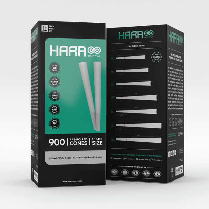Hara Supply Classic White Pre-Rolled Cones 1 1/4th 900 Count (84mm/26mm)