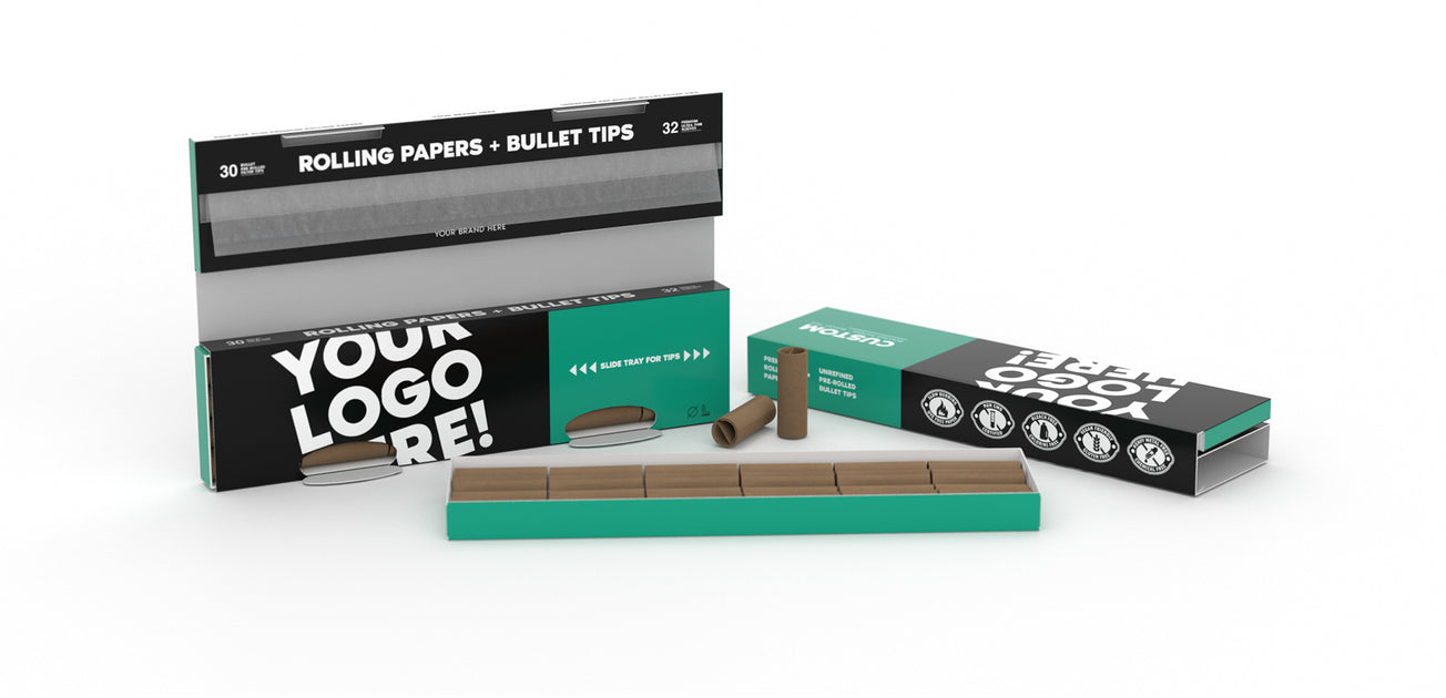 Custom Rolling Paper With Bullet Tips Tray Enclosure Kss Size — Hara